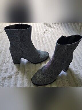 A New Day "Cailin" Silver Glitter Block Heel Ankle Boots Size 8
